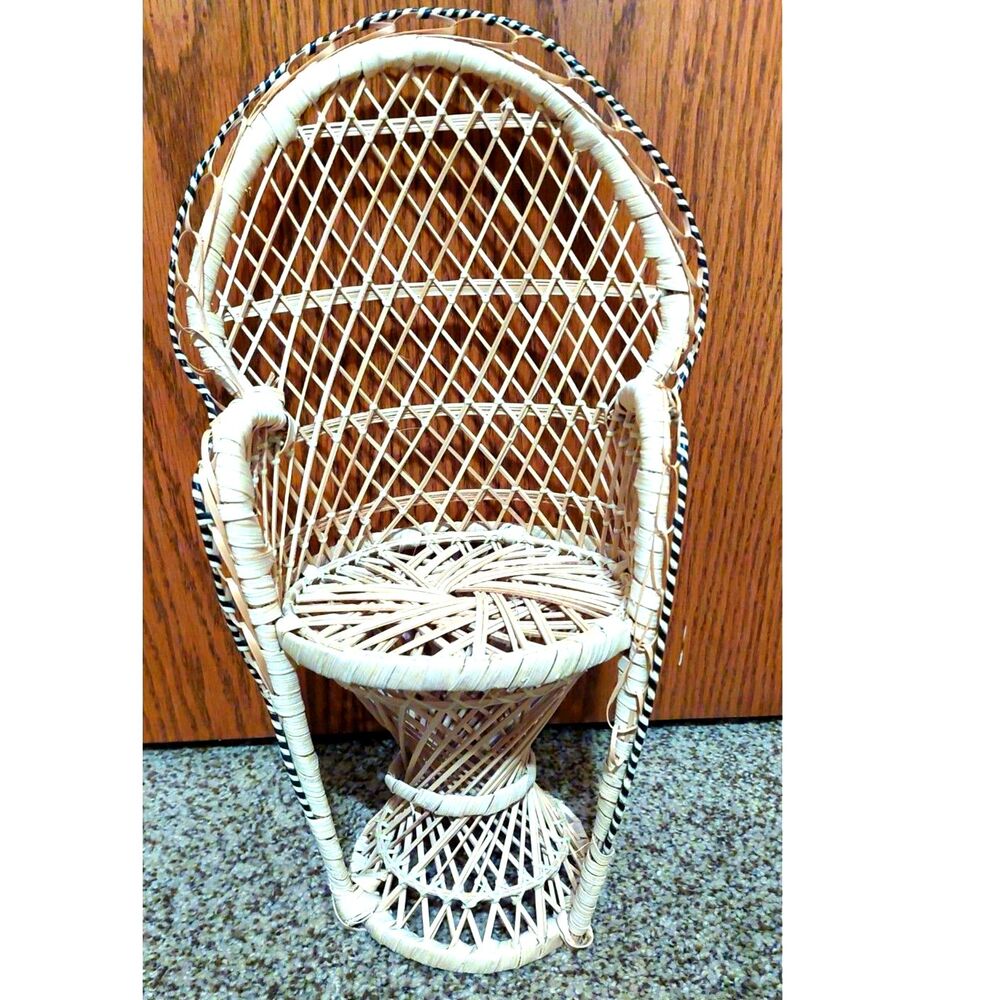 Vintage Mini Wicker Peacock Chair 16" Boho Rattan Doll Stand Black Trim